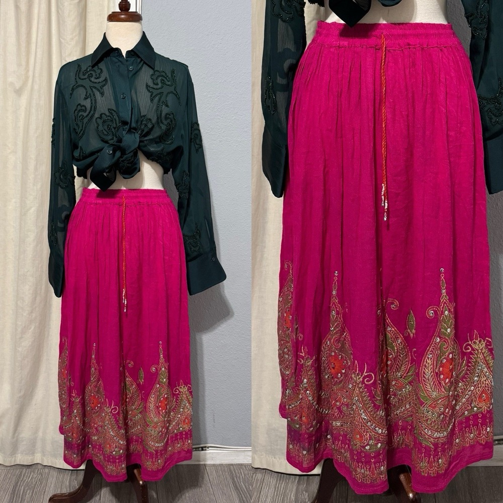 Women Traditional Long Embellished Skirt Gypsy Boho Bollywood Belly Dance Pink S